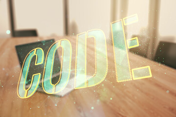 Poster - Creative Code word hologram on modern computer background, artificial intelligence and neural networks concept. Multiexposure