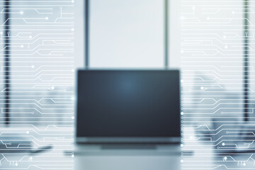 Poster - Creative concept of microscheme illustration on modern laptop background. Big data and database concept. Multiexposure