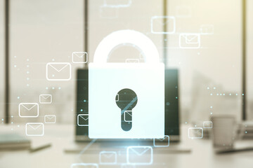 Poster - Creative concept with lock symbol and postal envelopes illustration on modern laptop background. Protection and firewall concept. Multiexposure