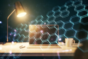 Aufkleber - Creative abstract technology sketch with hexagon grid on modern laptop background, future technology and AI concept. Double exposure
