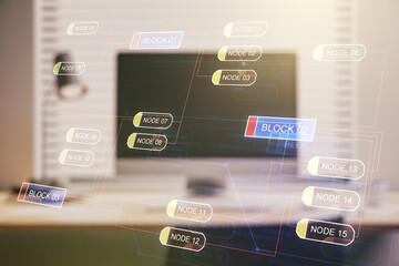 Poster - Double exposure of abstract programming language on laptop background, research and development concept