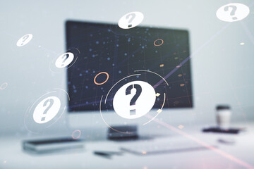 Aufkleber - Creative abstract question mark hologram on modern computer background, future technology concept. Multi exposure