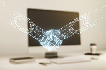 Poster - Double exposure of blockchain technology with handshake hologram on laptop background. Research and development decentralization software concept