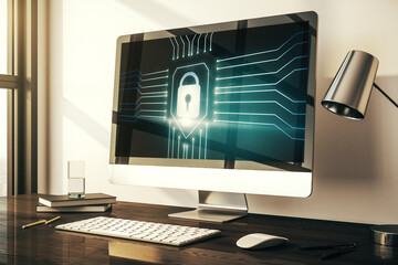 Poster - Creative idea concept with lock symbol and microcircuit illustration on modern laptop screen. Protection and firewall concept. 3D Rendering