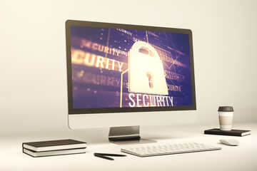 Aufkleber - Creative lock sketch with chip hologram on modern computer monitor, protection of personal data concept. 3D Rendering