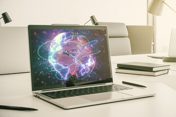 Poster - Abstract digital world map with connections on modern computer monitor, big data and blockchain concept. 3D Rendering
