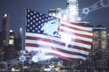 Poster - Double exposure of abstract virtual robotics technology with world map hologram on USA flag and blurry cityscape background. Research and development software concept