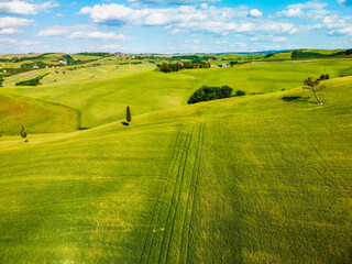  Pienza, Italy May 20 2021- aerial view of the Orcia valley in spring with drone