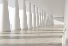 Clean White Concrete Interior With Columns And Mockup Place. 3D Rendering.