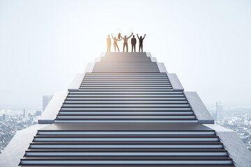 Aufkleber - Happy businesspeople standing on top of staircase on bright sky background. Success