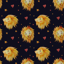 Seamless Patterns. Portrait Of Yellow Lions With A Mane On A Black Background With Stars And Hearts. Watercolor. Illustration For Design, Decor, Textiles, Wallpaper, Packaging, Childrens Collection
