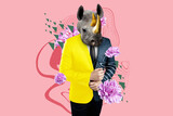 Fototapeta  - Modern design, A body in a business multi-colored suit with a rhinoceros head, personality, character. Bright trendy colors, shocking art, style for a magazine, fashionable web design. copy the space.