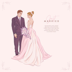 Wall Mural - Wedding banner design template. Cute young married couple fashion beautiful bride with bouquet and handsome groom in stylish suit. Hand drawn vector illustration