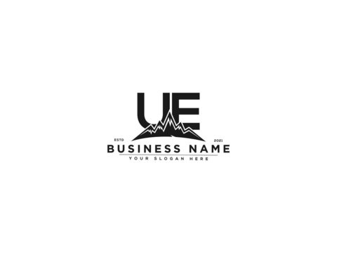 Letter UE Logo, line art ue mountain logo icon vector for river forest hill landscape typography image design