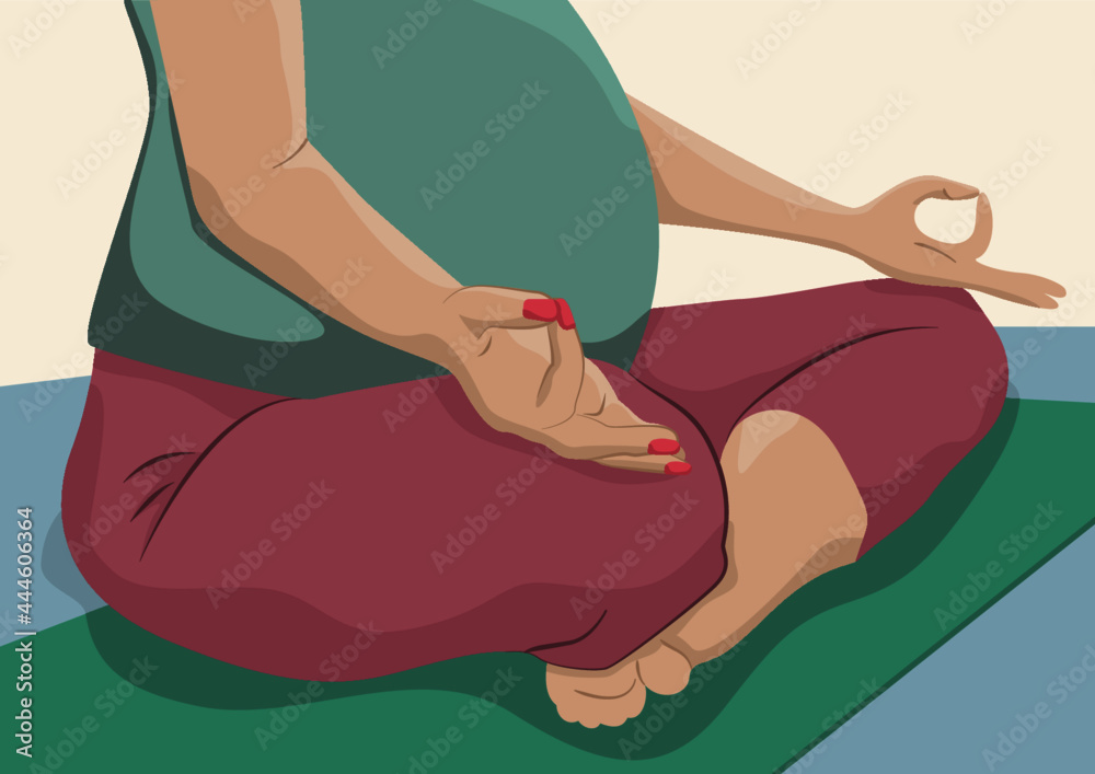 Biała kobieta w ciąży medytująca w pozycji lotosu. Troska o zdrowie w ciąży, zdrowy ruch, oddech, relaks. Przygotowanie do porodu. Wektorowa ilustracja. - obrazy, fototapety, plakaty 