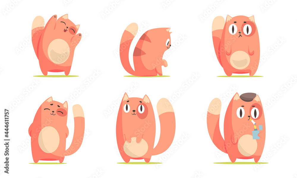 Cute Red Cat Character Smiling and Smoking Cigarette Vector Set - obrazy, fototapety, plakaty 