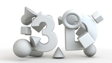 Poster - 3d loop animation of an array of smoothed geometric shapes and text, 3D graphics symbol, 3D text. Chaotic movement of text and shapes in space on a white background.