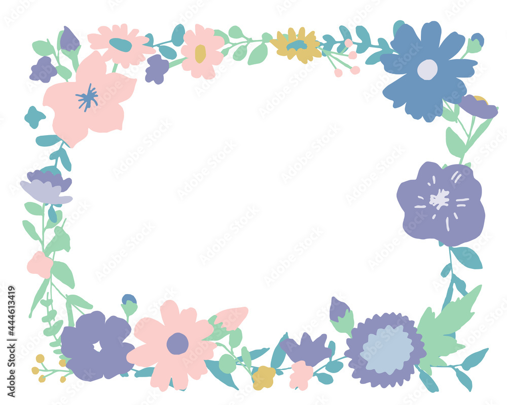 手書きの草木と花 夏カラーの花フレーム ベクターイラスト Handwritten Vegetation And Flowers Summer Color Flower Frame Vector Illustration Wall Mural Necomammma