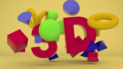 Poster - 3d loop animation of an array of multi-colored geometric shapes and text, a 3D graphics symbol. Chaotic movement of text and shapes in space. Children's toy style, a set of children's primitives.