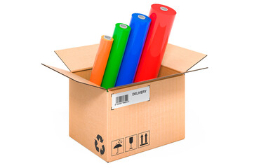 Poster - Multicolor PVC Polythene Plastic Tape Rolls inside cardboard box, delivery concept. 3D rendering