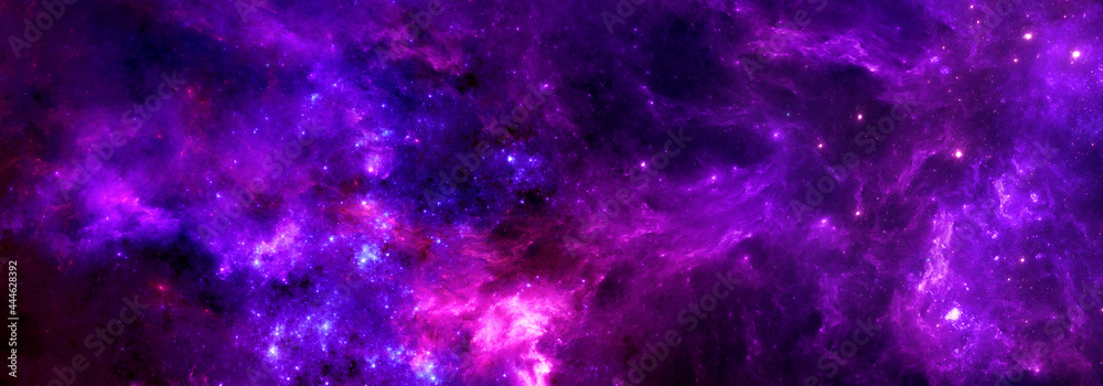 Cosmic background with a bright purple nebula and the glitter of stars - obrazy, fototapety, plakaty 