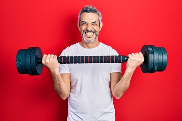 Sticker - Handsome middle age man with grey hair wearing sportswear using dumbbells smiling with a happy and cool smile on face. showing teeth.