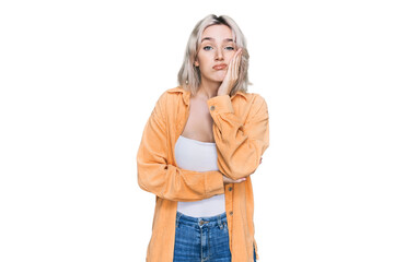 Poster - Young blonde girl wearing casual clothes thinking looking tired and bored with depression problems with crossed arms.