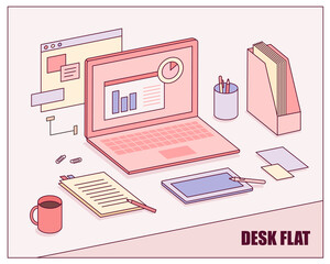 Wall Mural - Laptop and office supplies on the desk. Isometric view. flat design style minimal vector illustration.