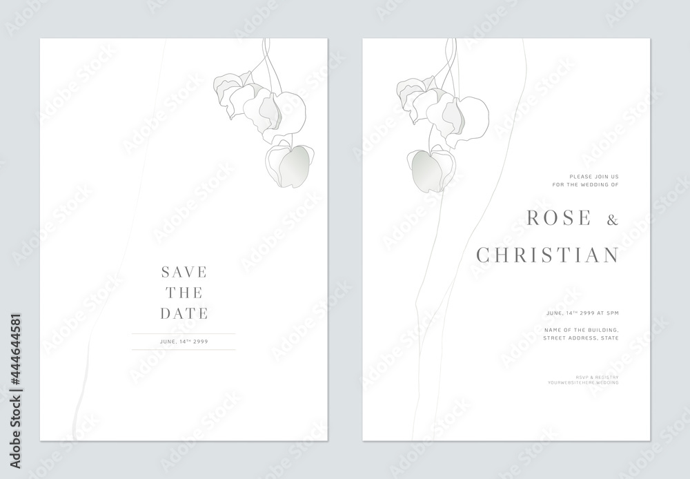 Minimalist foliage wedding invitation card template design, wild flowers line art ink drawing on white - obrazy, fototapety, plakaty 