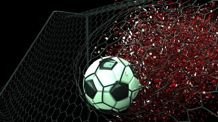 Black-White Soccer Ball in the Black Goal Net with particles under green laser lighting. 3D illustration. 3D CG. High resolution. 3D high quality rendering.