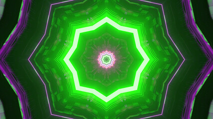 Wall Mural - 3D rendering of a glowing neon green pattern in the shape of an octagon with luminous beaming lights
