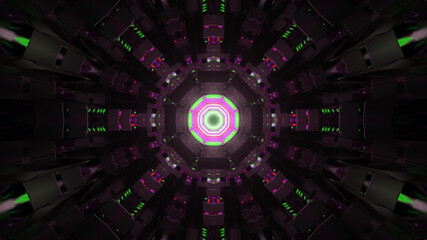 Wall Mural - 3D rendering of a dark black tunnel with a glowing neon pink light at the end of i