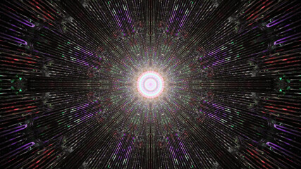 Wall Mural - 3D rendering of a glimmering tunnel with neon lights on the sides and a white light at the end