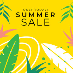 Poster - Summer post template background. Floral background. Can be adapted for banner, flier, social media post. Green and yellow fresh trendy leaves decoration 