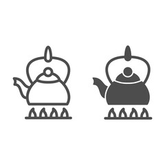 Poster - Kettle on fire line and solid icon, kitchen ware concept, teapot on gas stove vector sign on white background, outline style icon for mobile concept and web design. Vector graphics.