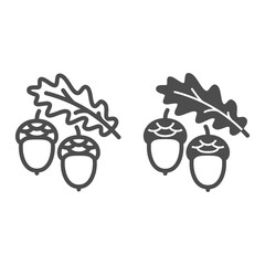 Poster - Acorns and oak leaf line and solid icon, forest tree concept, oak twig with acorns vector sign on white background, outline style icon for mobile concept and web design. Vector graphics.