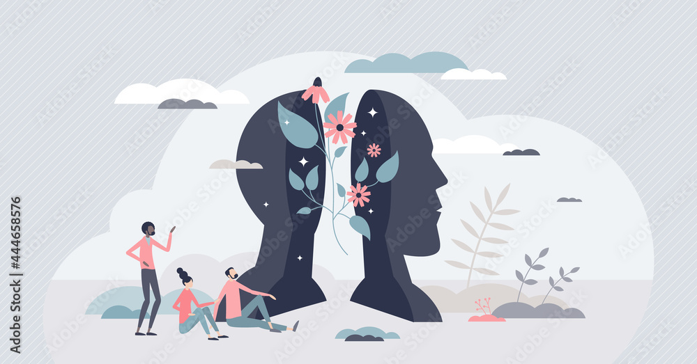 Taking care of mental health, feelings or inner peace and harmony tiny person concept. Relaxation or wellness with open mind and balance vector illustration. Thoughts awareness and beautiful intellect - obrazy, fototapety, plakaty 