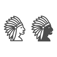 Poster - Indian line and solid icon, ethnicity and culture concept, indian in feathered headdress vector sign on white background, outline style icon for mobile concept and web design. Vector graphics.