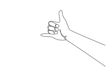 Poster - Single continuous line drawing shaka sign gesture. Hawaiian hand sign or symbol. Communication with hand gestures. Nonverbal signs or symbols. Dynamic one line draw graphic design vector illustration