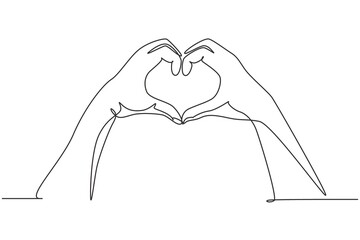 Poster - Single one line drawing hands making sign or symbol heart by fingers. Beautiful hands with copy space. Love concept with hand gestures. Modern continuous line draw design graphic vector illustration