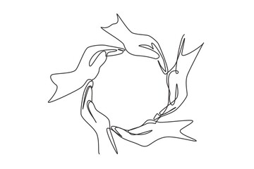 Poster - Single continuous line drawing circle made of human hands. Sign or symbol of protection, cooperation, care. Communication with hand gestures. Dynamic one line draw graphic design vector illustration