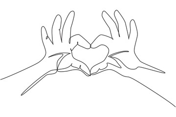 Poster - Single one line drawing hands making sign or symbol heart by fingers. Beautiful hands with copy space. Love concept with hand gestures. Modern continuous line draw design graphic vector illustration
