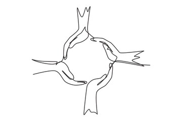 Poster - Single one line drawing circle made of hands. Symbol of protection, cooperation, care. Communication with hand gestures. Nonverbal signs. Continuous line draw design graphic vector illustration