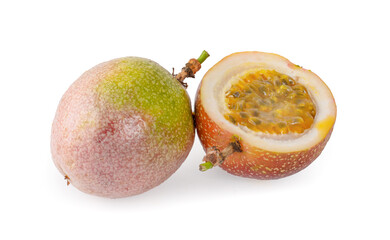 Wall Mural - Passion fruit isolated. Whole passionfruit and a half of maracuya isolated on white background