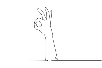 Poster - Single one line drawing hand showing okay or perfect gesture. Number three hand count. Learn to count numbers. Nonverbal signs or symbols. Continuous line draw design graphic vector illustration