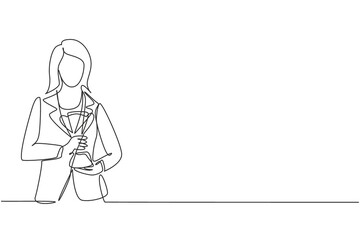 Poster - continuous one line drawing young businesswoman wearing blazer holding golden trophy with both hands
