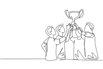 Poster - Single one line drawing male athlete team in sports jersey holding golden trophy together. Celebrating victory of international championship. Continuous line draw design graphic vector illustration