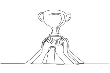 Wall Mural - Continuous one line drawing golden trophy held by many hands. Symbol of winning championships, matches and sports competitions. Best achievement. Single line draw design vector graphic illustration