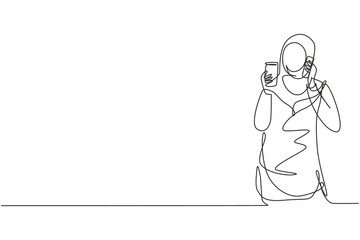 Poster - Continuous one line drawing young beautiful Arab woman drinking orange juice while making phone call with smartphone and having breakfast at home. Single line draw design vector graphic illustration