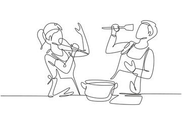 Continuous one line drawing happy romantic couple singing while cooking together, using spatula and broccoli as microphones. Kitchen fun concept. Single line draw design vector graphic illustration